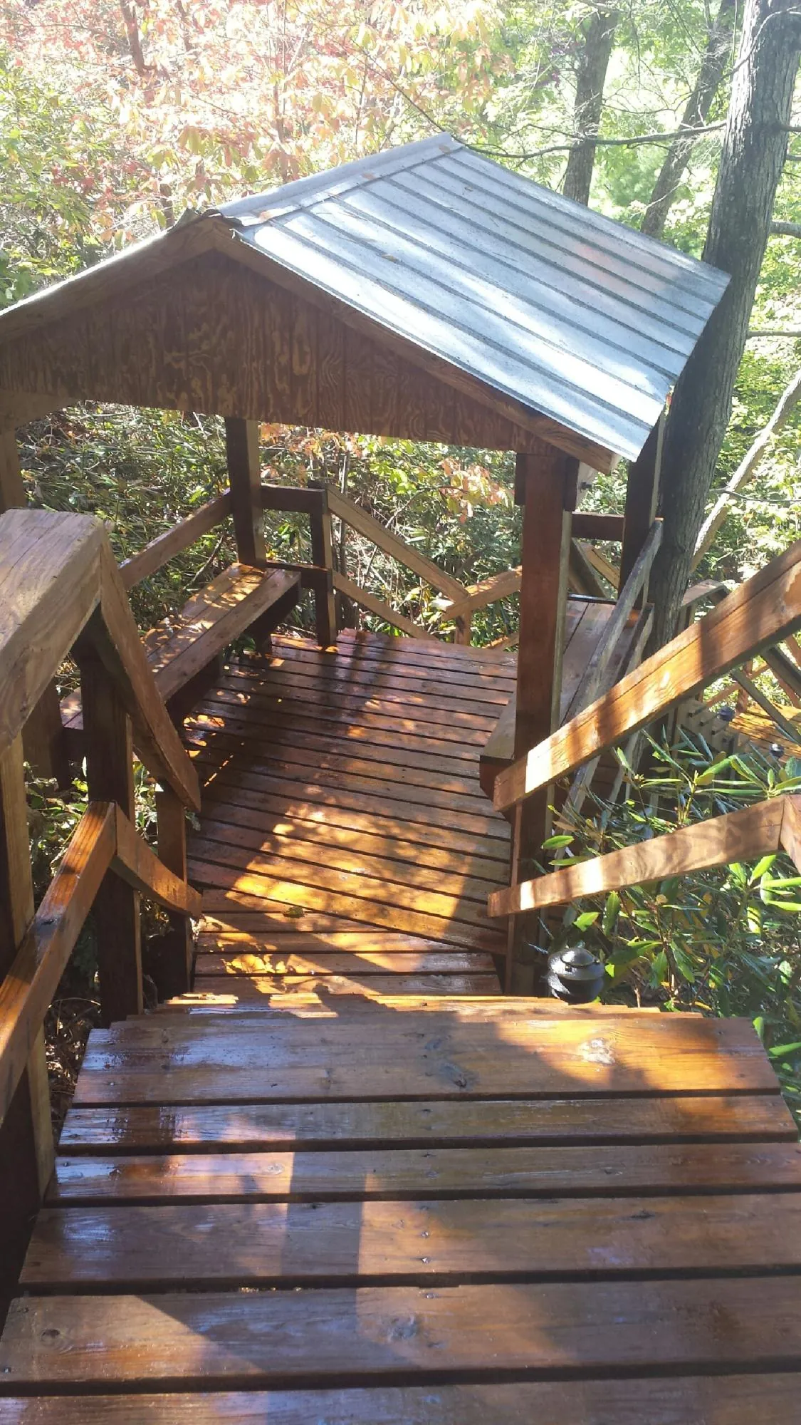 Freshly stained wood walkway and covered shelter with a metal roof in Deltona